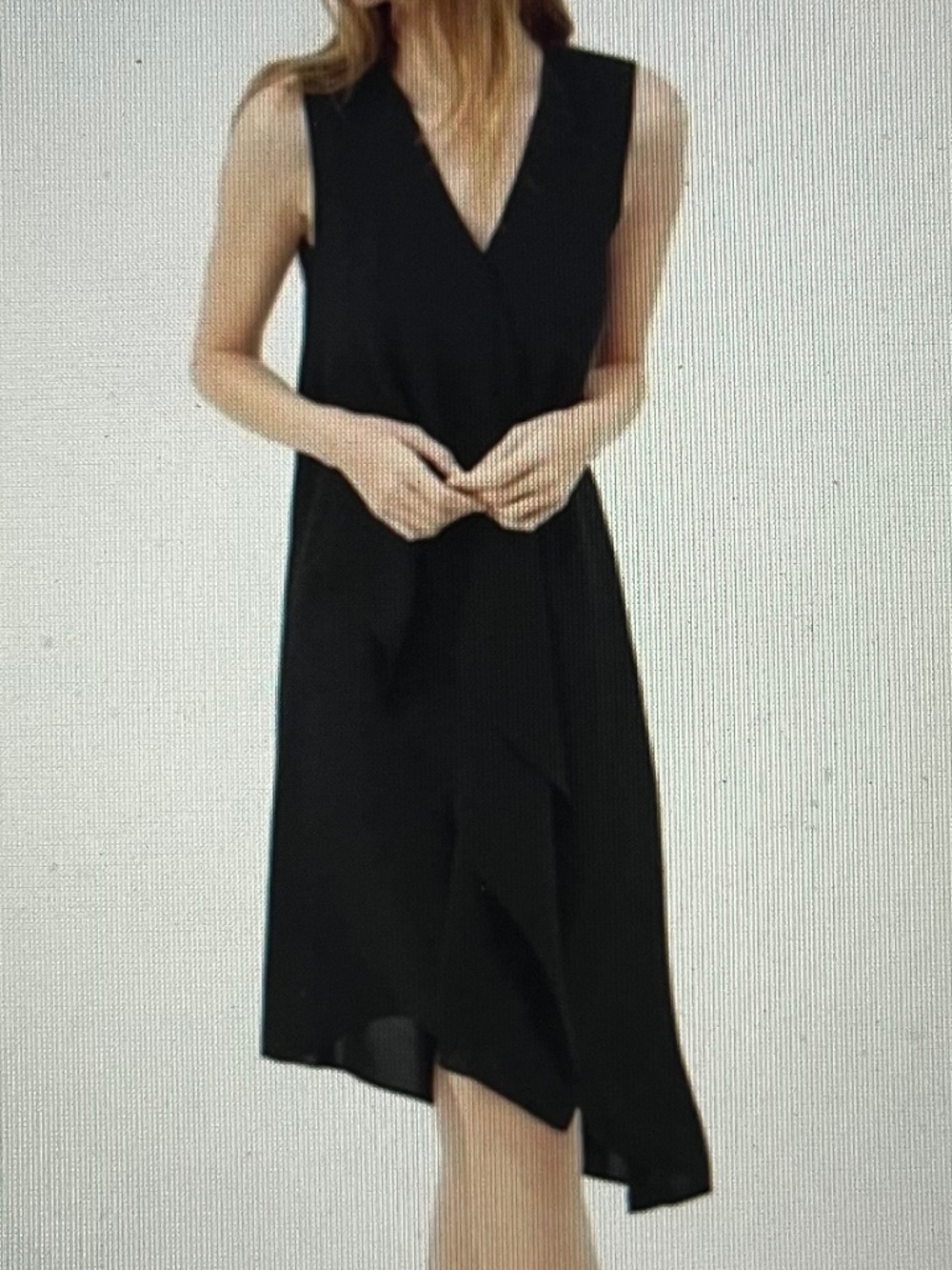 WHBM Asymmetrical Hem Black Dress Sleeveless V-Neck Drape Ruffle sz 4